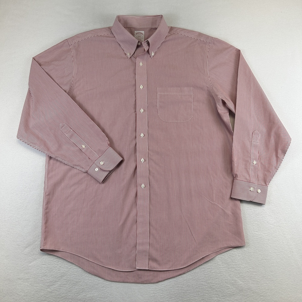 Brooks Brothers Dress Shirt Mens 18 34/35 Red Stripe Non-Iron Button-Down 346